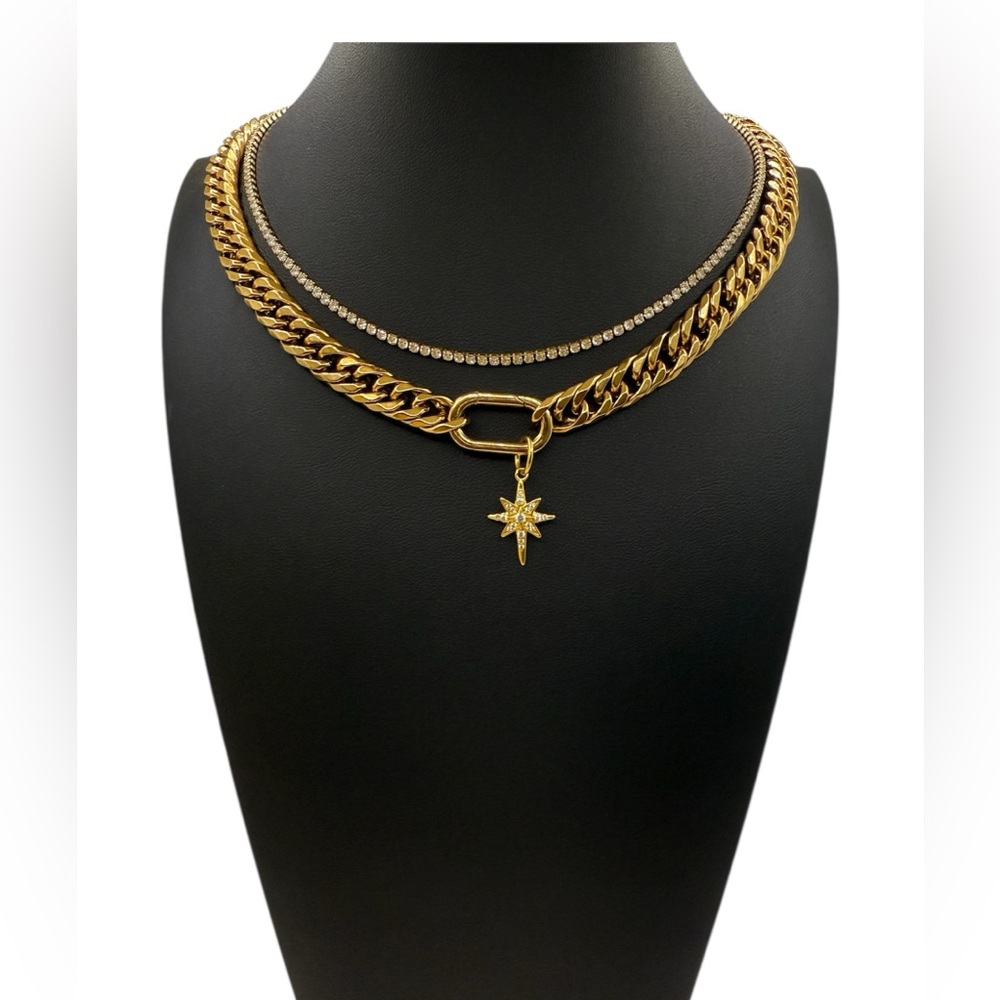 NEW 18K GOLD PLATED LUX SET “STELLAR CHAIN DUO” – TENNIS + CUBAN WITH STAR CHARM - Picture 3 of 5